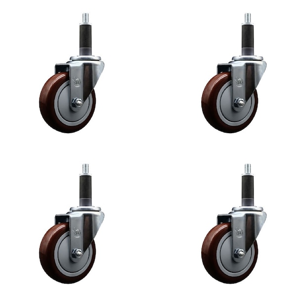 4'' Maroon Poly Wheel Swivel 1'' Expanding Stem Caster Set, 4PK